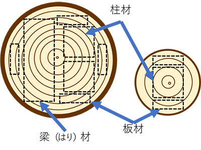 イラスト：丸太から、材木を取っていくイメージ