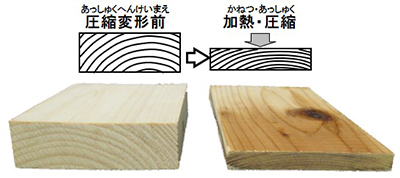 写真：圧縮する前と後の厚さの比較「半分以下の厚さになります」