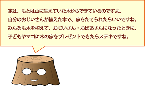 家は、もとは山に生えてた木からできているのですよ。自分のおじいさんが植えた木で、家をたてられたらいいですね。みんなも木を植えて、おじいさん・おばあさんになったときに、子どもやマゴに木の家をプレゼントできたらステキですね。