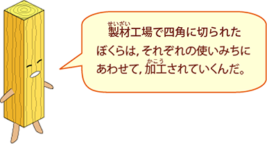 せい材工場で四角に切られたぼくらは、それぞれの使いみちにあわせて、加工されていくんだ。