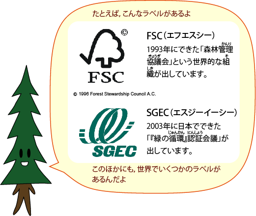 しんパパ：たとえば、こんなラベルがあるよ。「FSC：1993年にできた『森林管理協議会』という世界的な組織が出しています。」「SGEC：2003年に日本でできた『緑の循環認証会議』が出しています。」このほかにも、世界でいくつかのラベルがあるんだよ