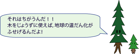 しんパパ：それはちがうんだ！！木をじょうずに使えば、地球の温だん化がふせげるんだよ！