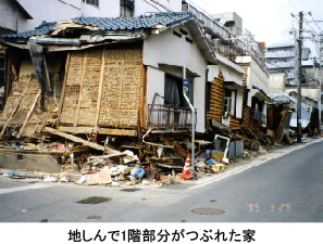 写真：地しんで1階部分がつぶれた家