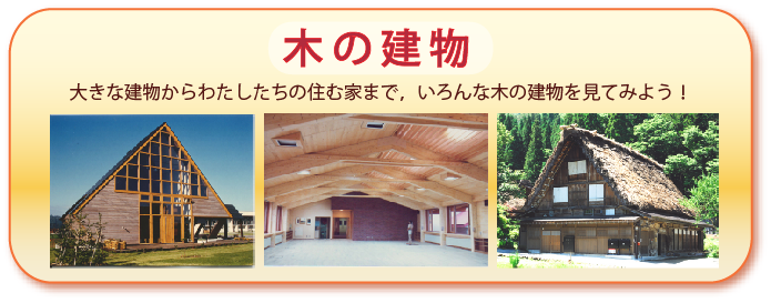 木の建物のページへ：大きな建物からわたしたちの住む家まで、いろんな木の建物を見てみよう！