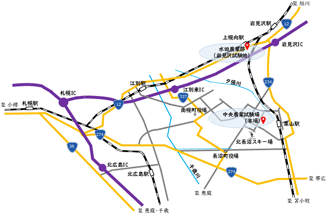 長沼本場・岩見沢試験地広域地図