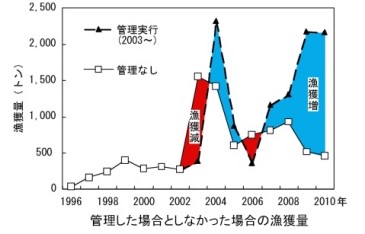 管理した場合としなかった場合の漁獲量の図