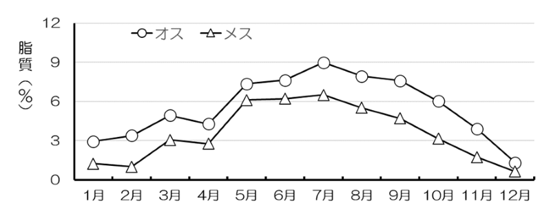 図2 ホッケ脂質含量の月別変化(2020年)