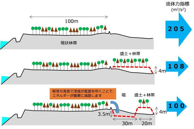 図4 現状林帯の内陸側に地形の改変を加えて林帯拡張を行った場合の模式図