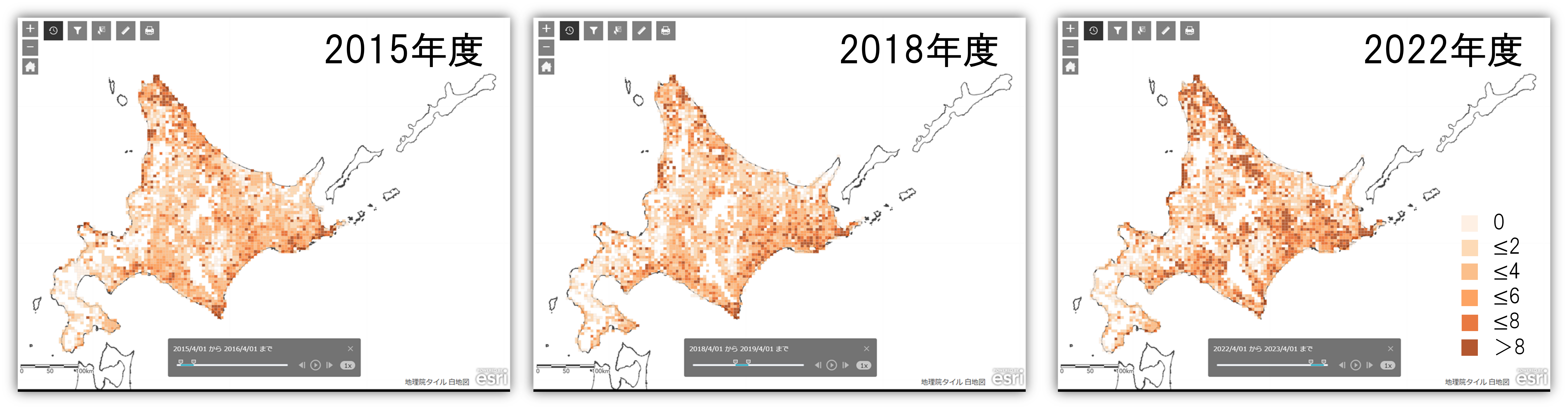 図2 タイムスライダーを使って表示した狩猟SPUE(生息密度の指標)の時系列変化 width=