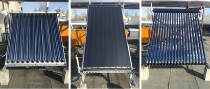 写真1 様々なタイプの集熱器(左右:真空管型、中央:平板型)