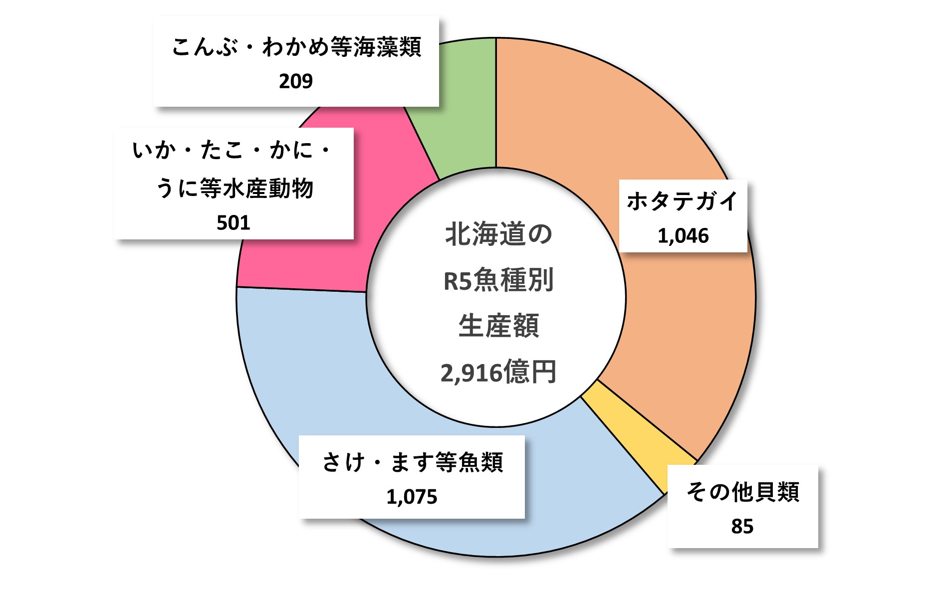図2 北海道の魚種別生産額(令和5年)令和5年度(2023年度) 北海道水産現勢(北海道水産林務部)より作成