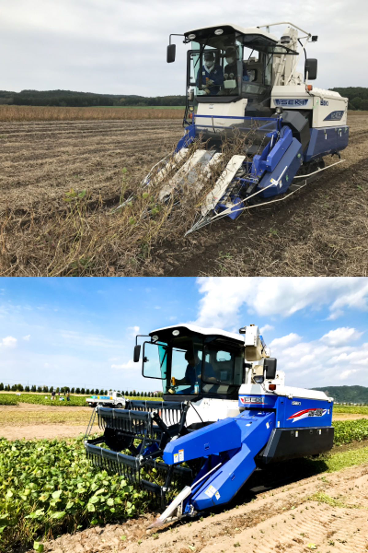 ロークロップヘッダコンバイン（左）とリールヘッダコンバイン（右）